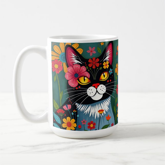 Schwarz-Weiß-Kunst-Katze und Blume Whimsikum Kaffeetasse (Links)