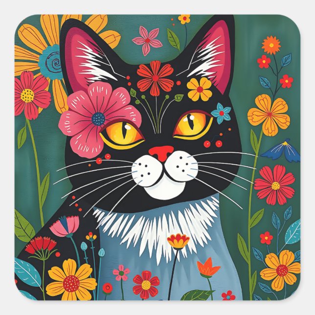 Schwarz-Weiß-Kunst-Katze und Blume Whimsikum Quadratischer Aufkleber (Vorderseite)