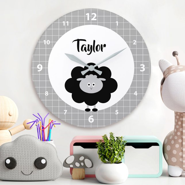 Schwarz-weiß Lamb Kawaii Kinderzimmer Name Große Wanduhr (Von Creator hochgeladen)