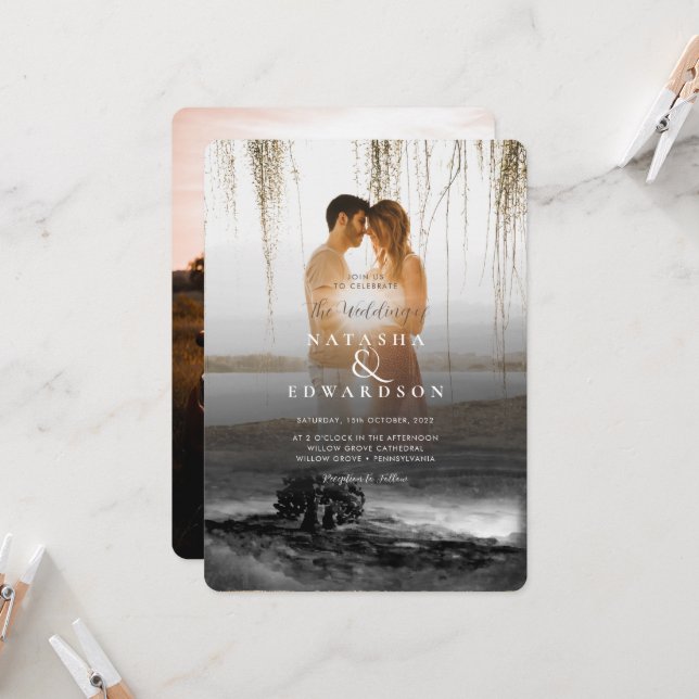 Schwarz-Weiß Landschaft Overlay 2 Fotos Hochzeit Einladung (Vorderseite/Rückseite Beispiel)