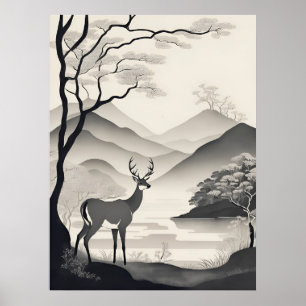 Schwarz-Weiß-Landschaftsillustration AI-Generativ Poster