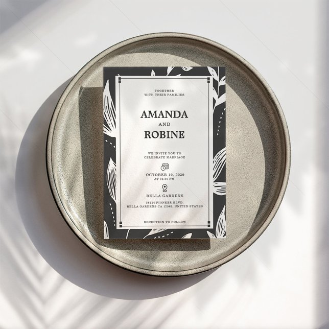 Schwarz-Weiß-Leaf Moderne Hochzeitseinladung Einladung (Von Creator hochgeladen)