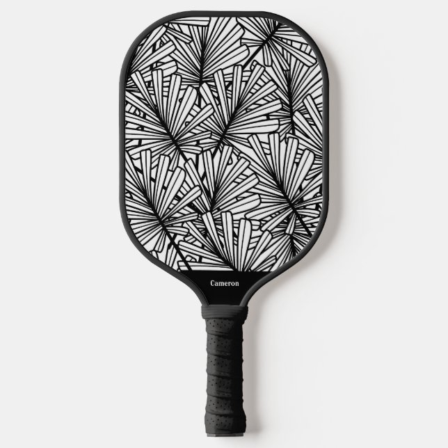 Schwarz-Weiß-Leaf-Muster Modernes Monogramm Pickleball Schläger (Vorderseite)