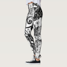 Schwarz-Weiß-Leggings mit Graffiti-Printmedien