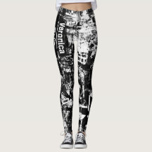Schwarz-Weiß-Leggings mit Graffiti-Printmedien