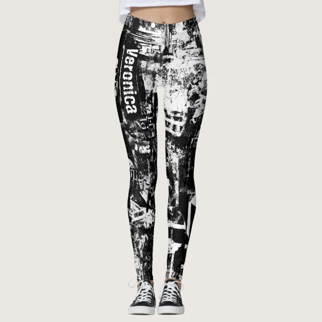 Schwarz-Weiß-Leggings mit Graffiti-Printmedien Leggings (Vorderseite)
