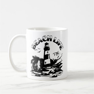 Schwarz-Weiß-Leuchtturm Beach Life Kaffeetasse