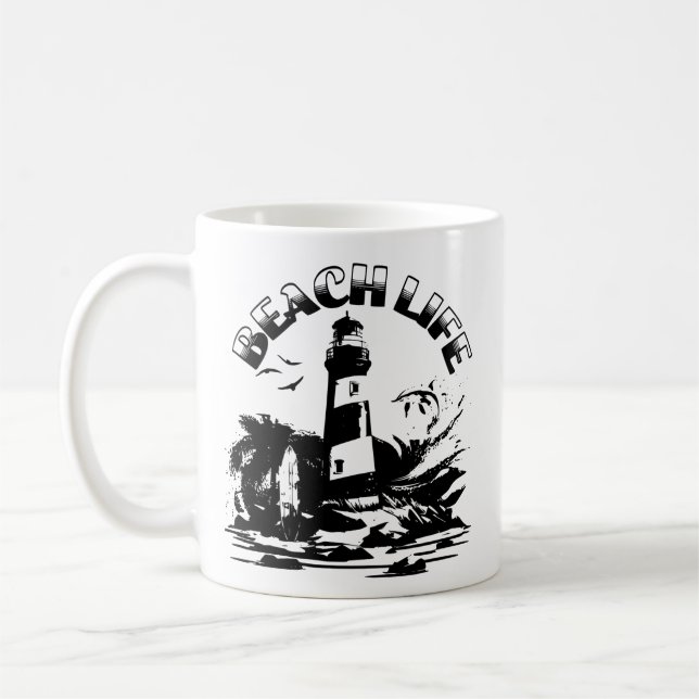 Schwarz-Weiß-Leuchtturm Beach Life Kaffeetasse (Links)