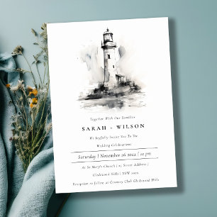 Schwarz-Weiß-Leuchtturm-Hochzeit Einladung