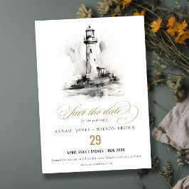 Schwarz-Weiß-Leuchtturm-Hochzeit Save The Date