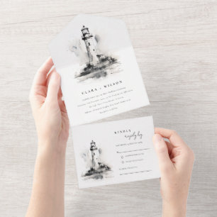 Schwarz-Weiß-Leuchtturm-Nautik-Skizze Hochzeit All In One Einladung