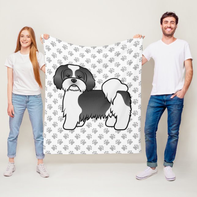 Schwarz-Weiß Lhasa Apso Niedlicher Cartoon Dog Fleecedecke (Beispiel)