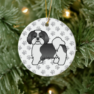 Schwarz-Weiß Lhasa Apso Niedlicher Cartoon Dog Keramik Ornament