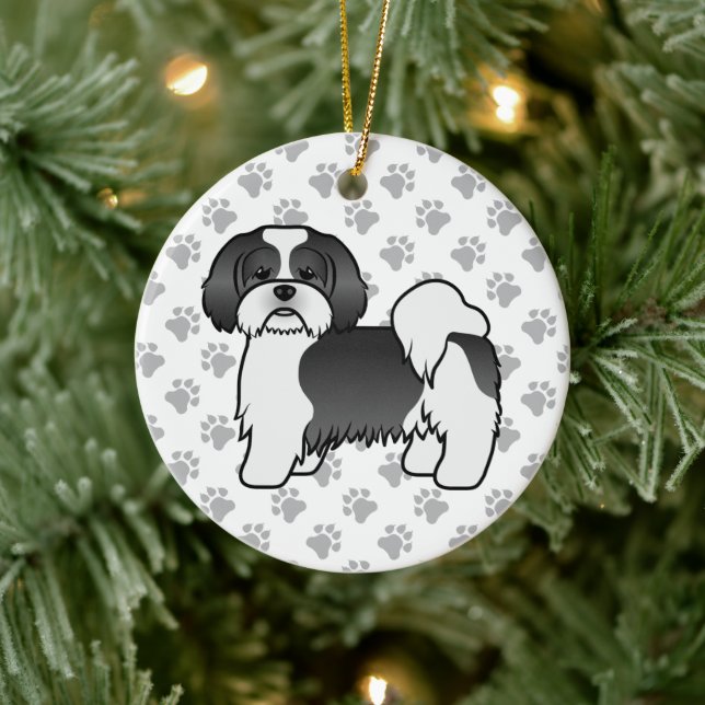 Schwarz-Weiß Lhasa Apso Niedlicher Cartoon Dog Keramik Ornament (Baum)