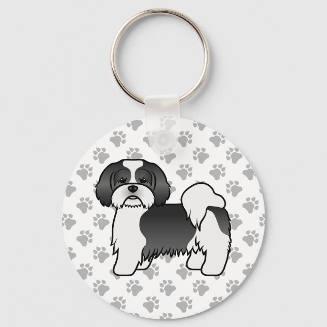 Schwarz-Weiß Lhasa Apso Niedlicher Cartoon Dog Schlüsselanhänger (Vorderseite)