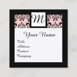 SCHWARZ-WEISS LICHTPINK DAMASK SQUARE MONOGRAMM QUADRATISCHE VISITENKARTE