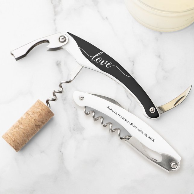 Schwarz-Weiß-Liebe Danke Gastgeschenk Hochzeit Kellnermesser (Black and white wedding favor personalized cork screw.)