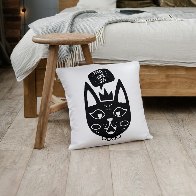 Schwarz-Weiß-Liebe Joy Cat-Themed Kissen (Black and White Peace Love Joy Cat-Themed Throw Pillow)