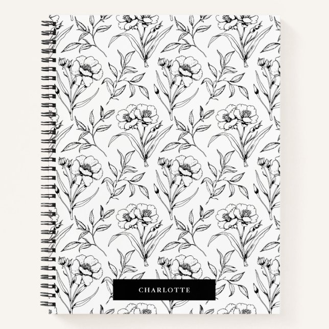 Schwarz-Weiß-Linde Florals Notizbuch (Vorderseite)