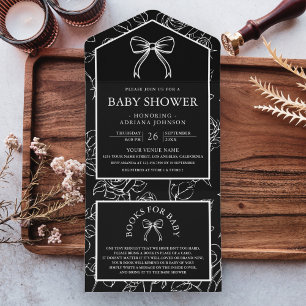 Schwarz-weiß Line Art Coquette Bow Babydusche All In One Einladung