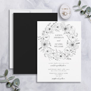 Schwarz-weiß Line Art Floral Wreath Wedding Einladung