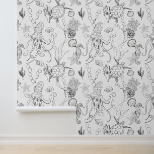 Schwarz-Weiß-LIne Art Sea Lebensmuster Tapete