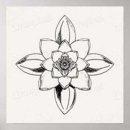 Schwarz-weiß-Line-Zeichnung Wasserlilie-Blume Poster