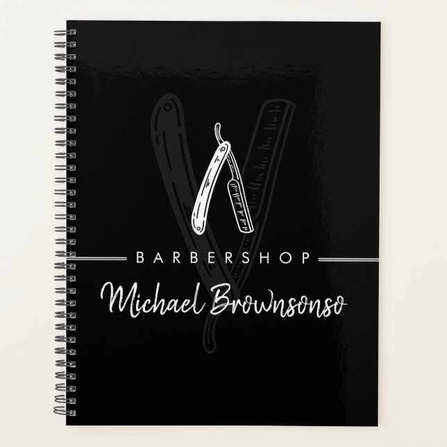 Schwarz-Weiß-Lineart-Logo Rasiermesser Barbier Planer (Vorderseite)