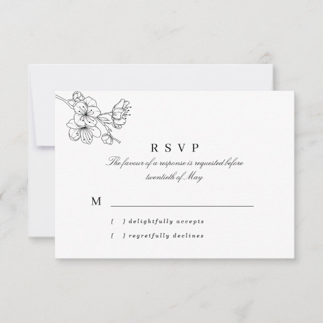 Schwarz-Weiß-Linie Gezeichnet Blüten Hochzeit RSVP Karte (Vorderseite)