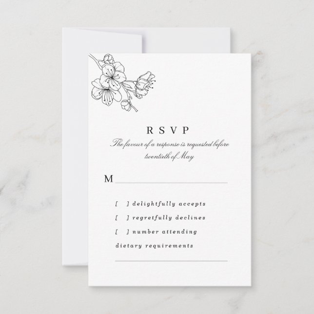Schwarz-Weiß-Linie Gezeichnet Blüten Hochzeit RSVP Karte (Vorderseite)