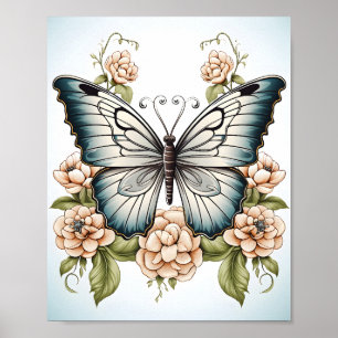 Schwarz-Weiß-Linie Zeichnend Schmetterling Poster