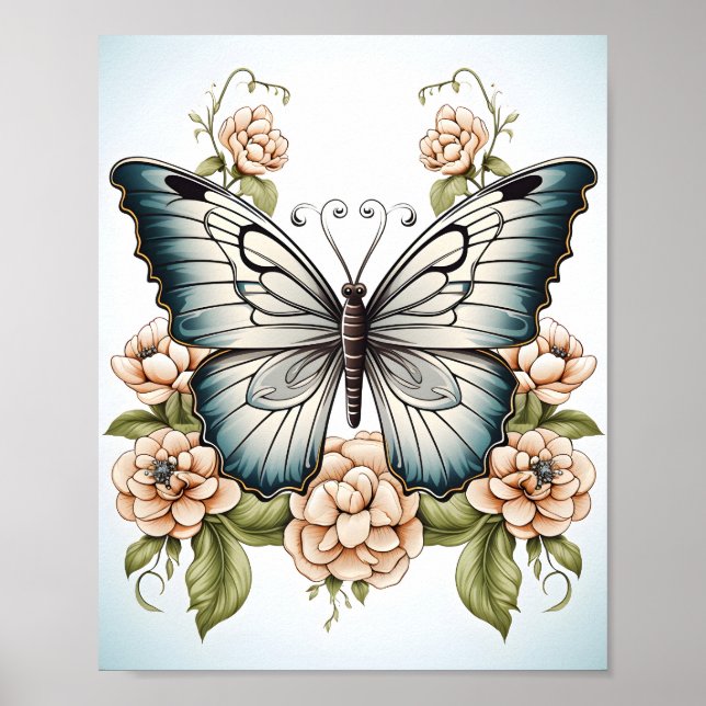 Schwarz-Weiß-Linie Zeichnend Schmetterling Poster (Vorne)