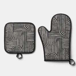 Schwarz-Weiß-Linien und Kurven Moderne Ofenhandschuh & Topflappen-Set