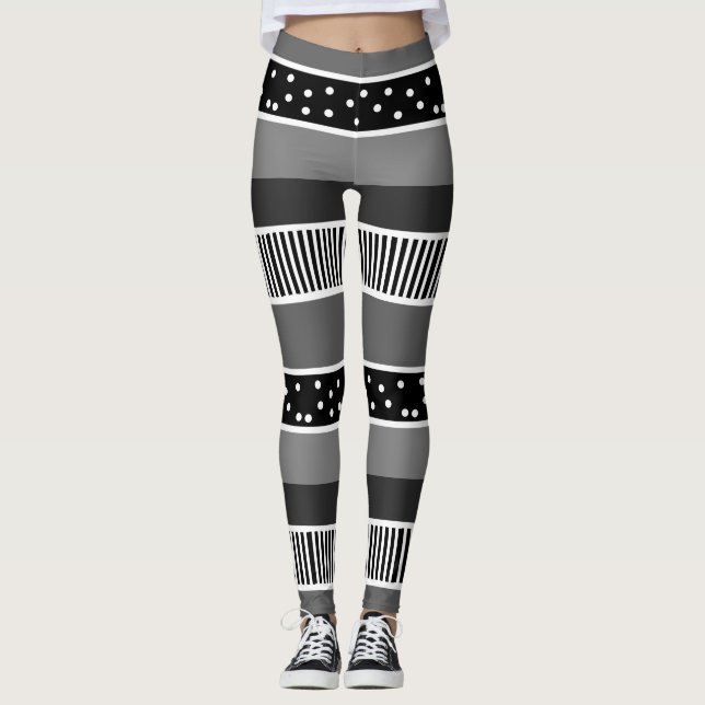 Schwarz-Weiß-Linien und Polka Dot Abstrakt Leggings (Vorderseite)
