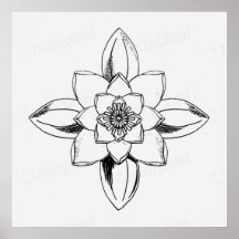 Schwarz-weiß-Linienzeichnung Seerosenblüte