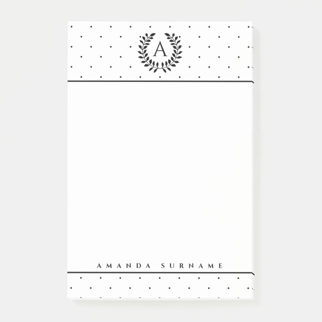 Schwarz-Weiß-Lorbeer-Monogramm Kleine Punkte Post-it Klebezettel (Vorderseite)