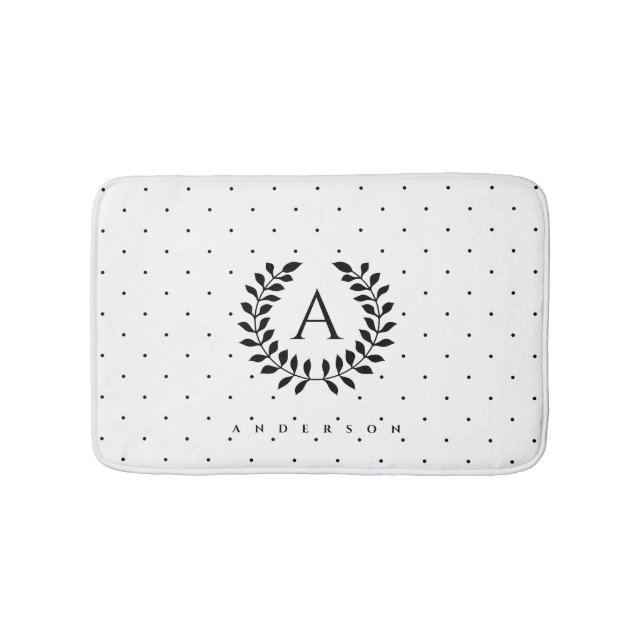 Schwarz-Weiß-Lorbeer-Monogramm-Punktmuster Badematte (Vorderseite)