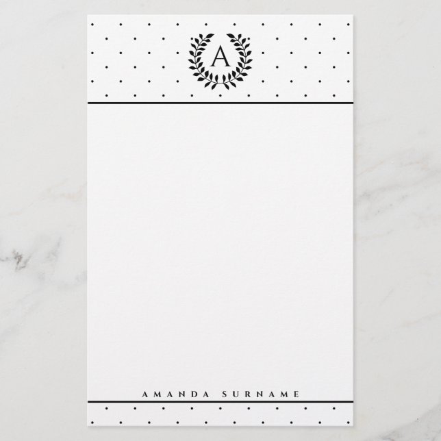 Schwarz-Weiß-Lorbeer-Monogramm-Punktmuster Briefpapier (Vorderseite)