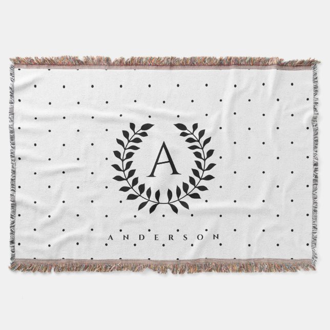 Schwarz-Weiß-Lorbeer-Monogramm-Punktmuster Decke (Vorderseite)