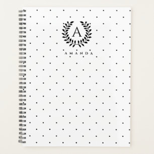 Schwarz-Weiß-Lorbeer-Monogramm-Punktmuster Planer
