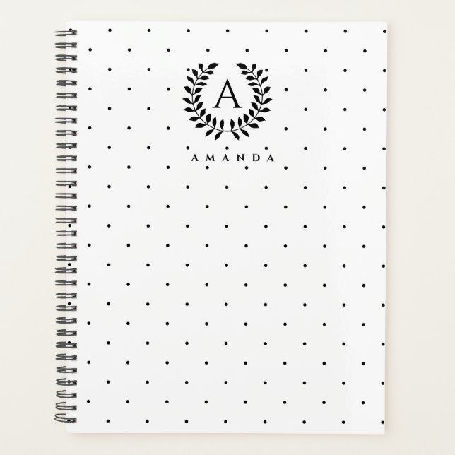 Schwarz-Weiß-Lorbeer-Monogramm-Punktmuster Planer (Vorderseite)