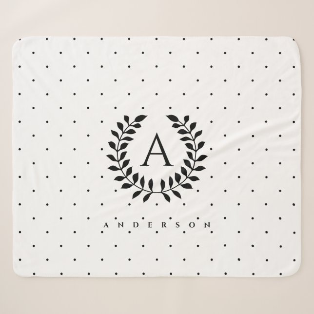 Schwarz-Weiß-Lorbeer-Monogramm-Punktmuster Sherpadecke (Vorderseite (Horizontal))