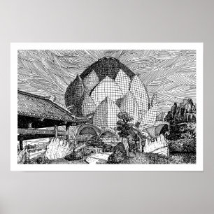 Schwarz-weiß-Lotus-Architektur-Linienkunst-Druck. Poster