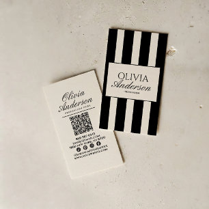 Schwarz Weiß Luxus Altes Geld Gestreifter QR-Code Visitenkarte