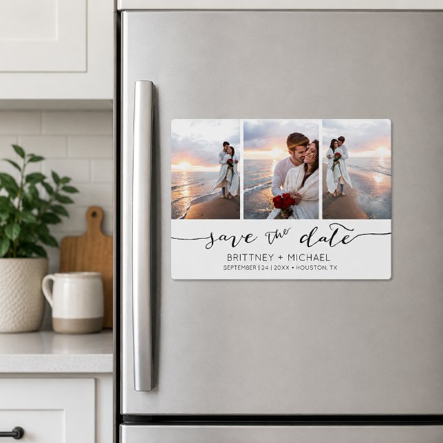 Schwarz-weiß Magnetkarte (Modern three photo collage save the date magnet featuring elegant handwritten script typography)