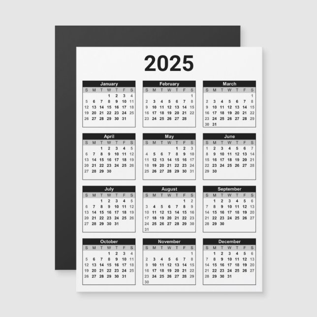 Schwarz-Weiß-Magnetkarte 2025 (Jährlicher Kalender Magnetkarte (Vorne/Hinten)