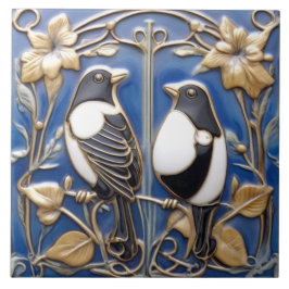 Schwarz-Weiß Magpie Jugendstil Art Deco Fliese