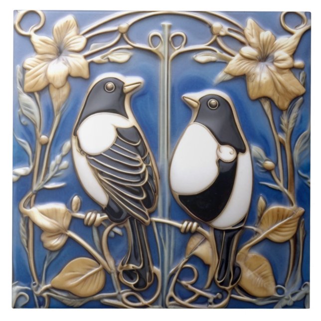 Schwarz-Weiß Magpie Jugendstil Art Deco Fliese (Vorderseite)