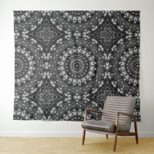 Schwarz-Weiß-Mandala-Geometrie-Design Wandteppich