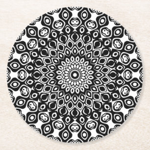 Schwarz-Weiß-Mandala-Kaleidoskop-Medallion Runder Pappuntersetzer